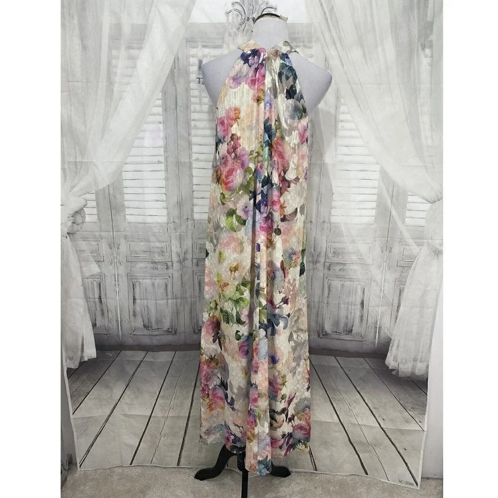 Alex Marie Ivory Pink Floral Long Maxi Sleeveless V Neck Halter Dress Easter NEW - Picture 3 of 11